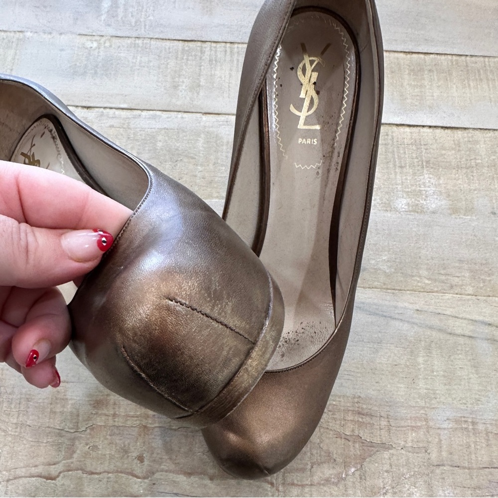 Ysl Yves Saint Laurent bronze leather Tribtoo pumps heels platform shoes - Picture 10 of 14